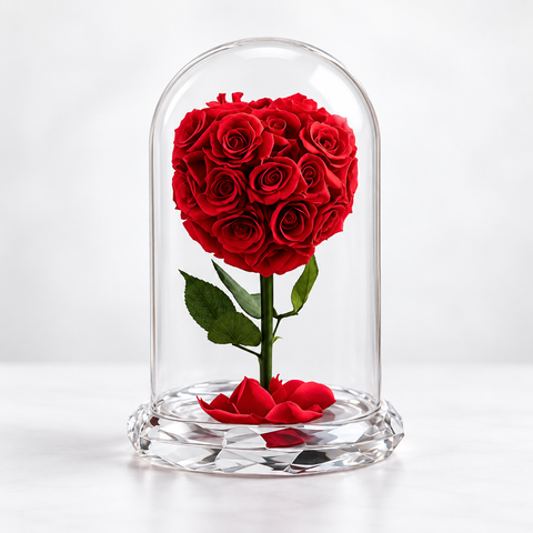 Soft red rose arrangement with green leaves and scattered petals inside a clear glass dome on a decorative base.