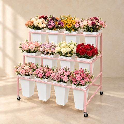 Pink three-tier flower display rack with twelve white buckets styled with colourful fresh flowers.