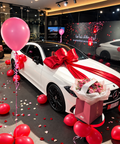 White Mercedes with a giant red bow, pink flower bouquet, balloons and scattered petals in a showroom.