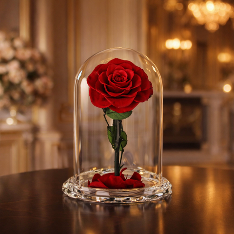 Luxury preserved red rose in glass dome on crystal base – romantic anniversary gift UAE