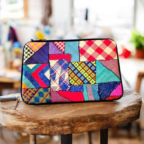 Handmade patchwork laptop sleeve bag from the Philippines – eco-friendly artisan bag.background