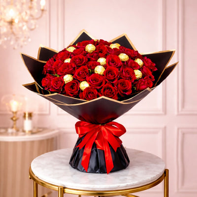A luxury arrangement of premium red roses and Ferrero Rocher chocolates, handcrafted for unforgettable moments.