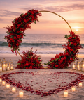 Decorative floral arch with red flowers and candles on a beach at sunset in Saadiyat Island.
