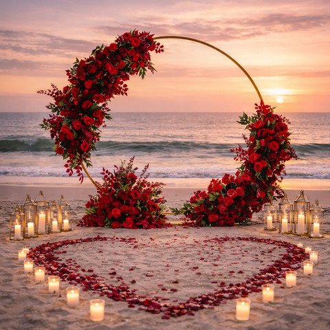 Decorative floral arch with red flowers and candles on a beach at sunset in Saadiyat Island.