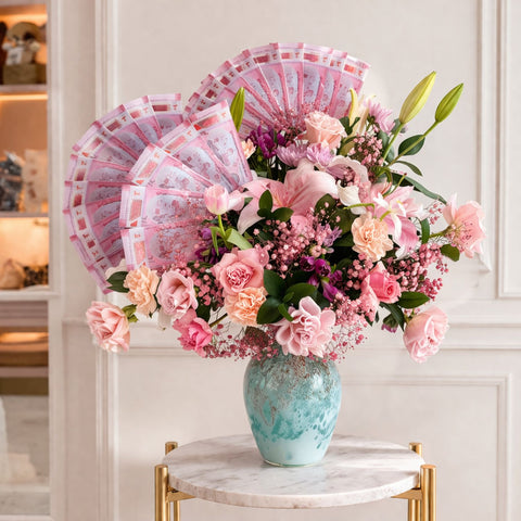 Luxury blush pink money flower arrangement with lilies, roses, carnations, and UAE banknotes in a turquoise ceramic vase by Danaya’s Flowers Abu Dhabi.