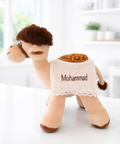 Personalized plush camel toy with name Mohammad embroidered, soft beige stuffed animal gift in bright white background