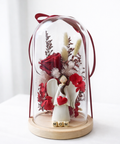 Preserved red rose glass dome gift for mom with angel figurine and heart on wooden base