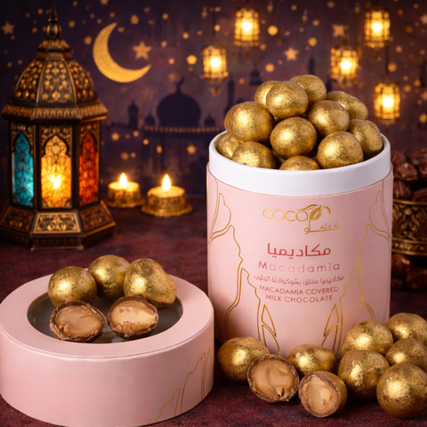 Ramadan macadamia milk chocolate gold dusted gift box with lantern and flower arrangement in Abu Dhabi