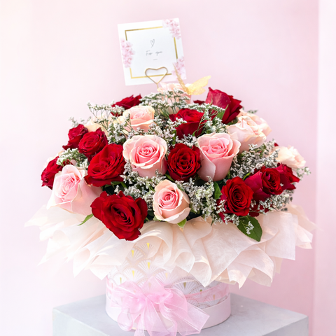 Red & Pink Roses Flower Box | Romantic Gift