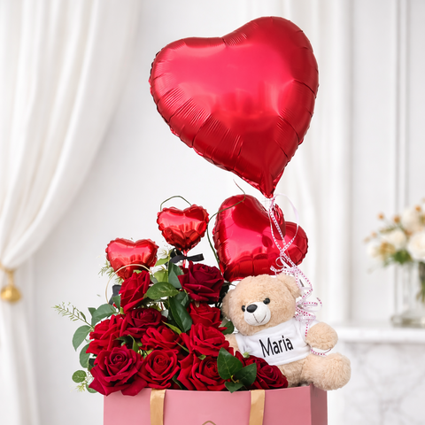 Valentine’s Day red roses with teddy bear and heart balloons – romantic luxury flower gift