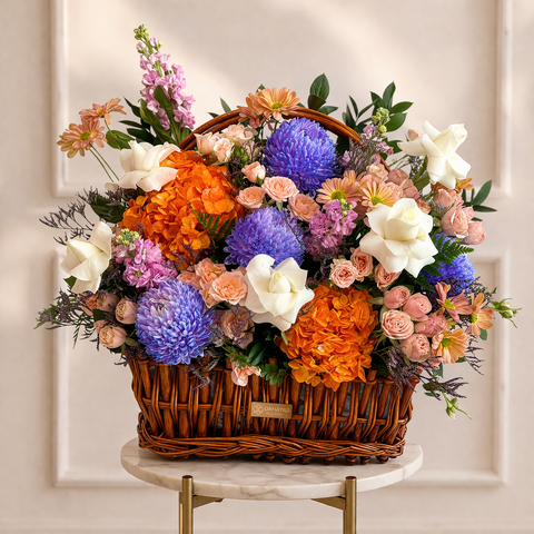Luxury flower basket arrangement with hydrangeas, roses and chrysanthemums in Abu Dhabi